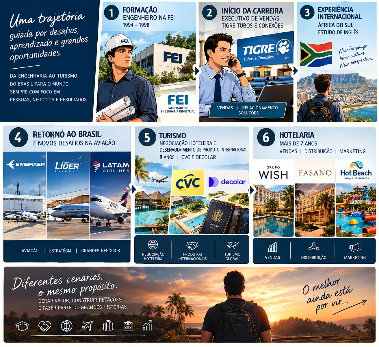 Infográfico da trajetória de Rodrigo Vaz: formação na FEI, início de carreira na Tigre, experiência internacional na África do Sul, retorno ao Brasil na aviação com Embraer, Líder Aviação e LATAM, turismo com CVC e Decolar e hotelaria com Grupo Wish, Fasano e Hot Beach