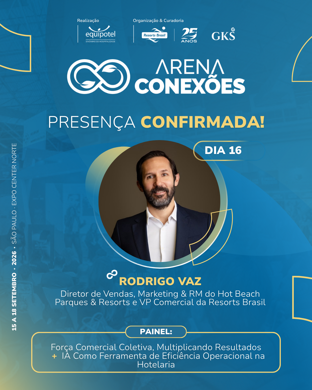 Arte de divulgação do painel de Rodrigo Vaz na Arena Conexões, Equipotel 2026